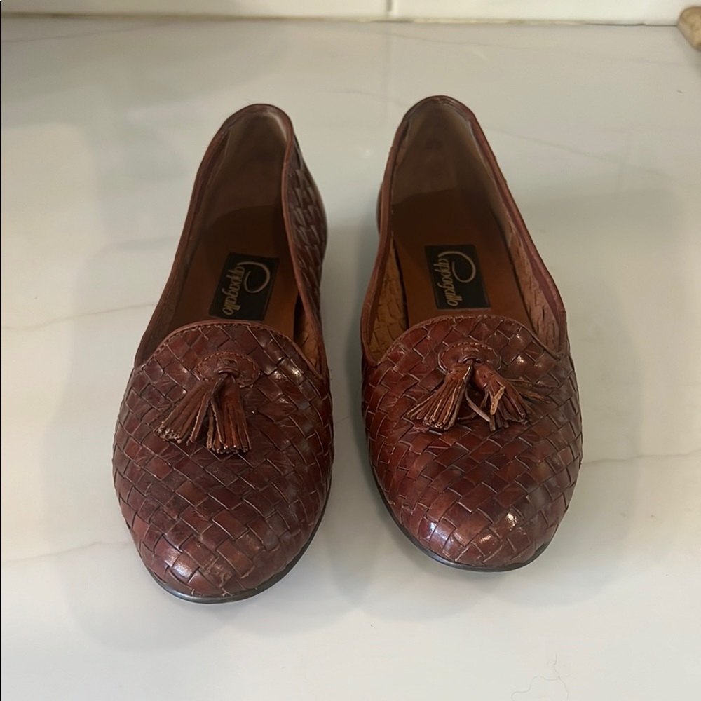 Vintage Brown Woven Leather Loafers with Tassels